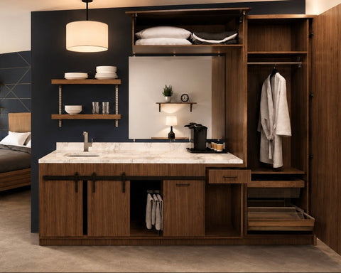 Hospitality guest room featuring integrated cabinetry, shelving, wardrobe storage, and pull-out organizers.